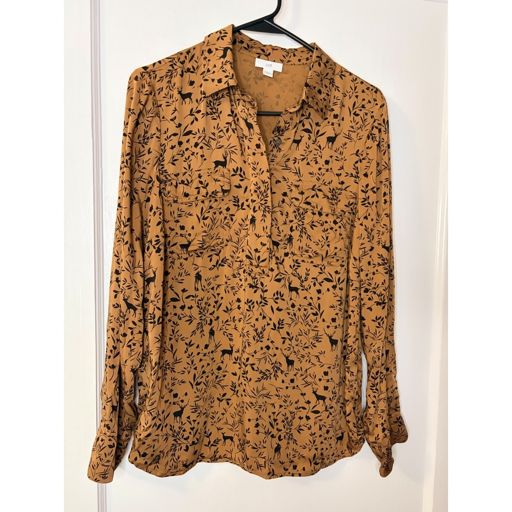 J. Jill XS Brown Deer Leaf Print Button Down Blouse Lenzing Ecovero Viscose